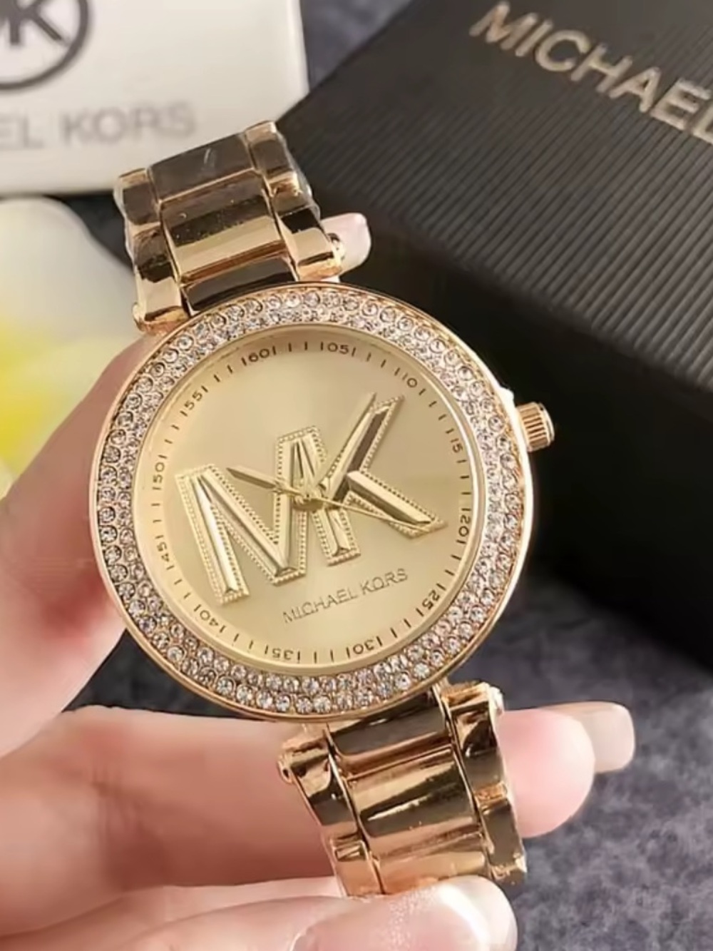Designer inspired Michael  Kors Women’s Gold-Tone MK Logo Crystal Bezel Watch